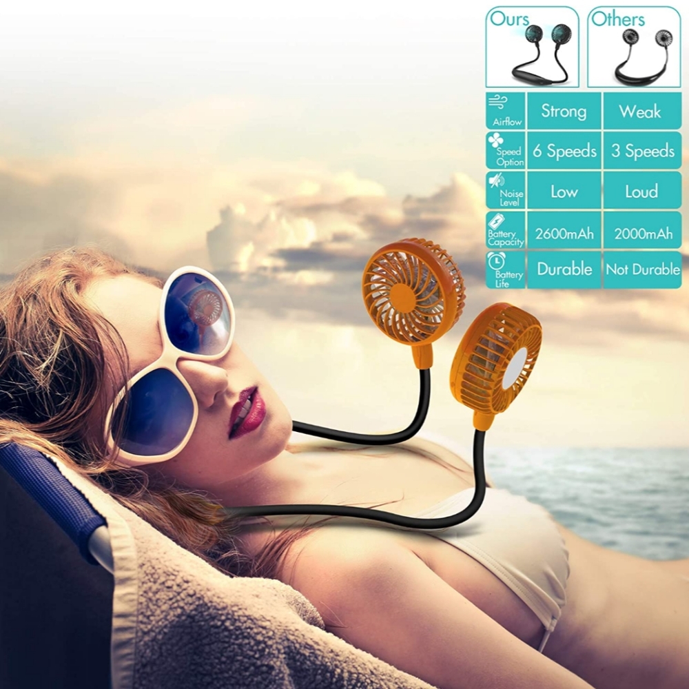 Neck Fan with 6 Speeds 4 Blade USB Charger Orange